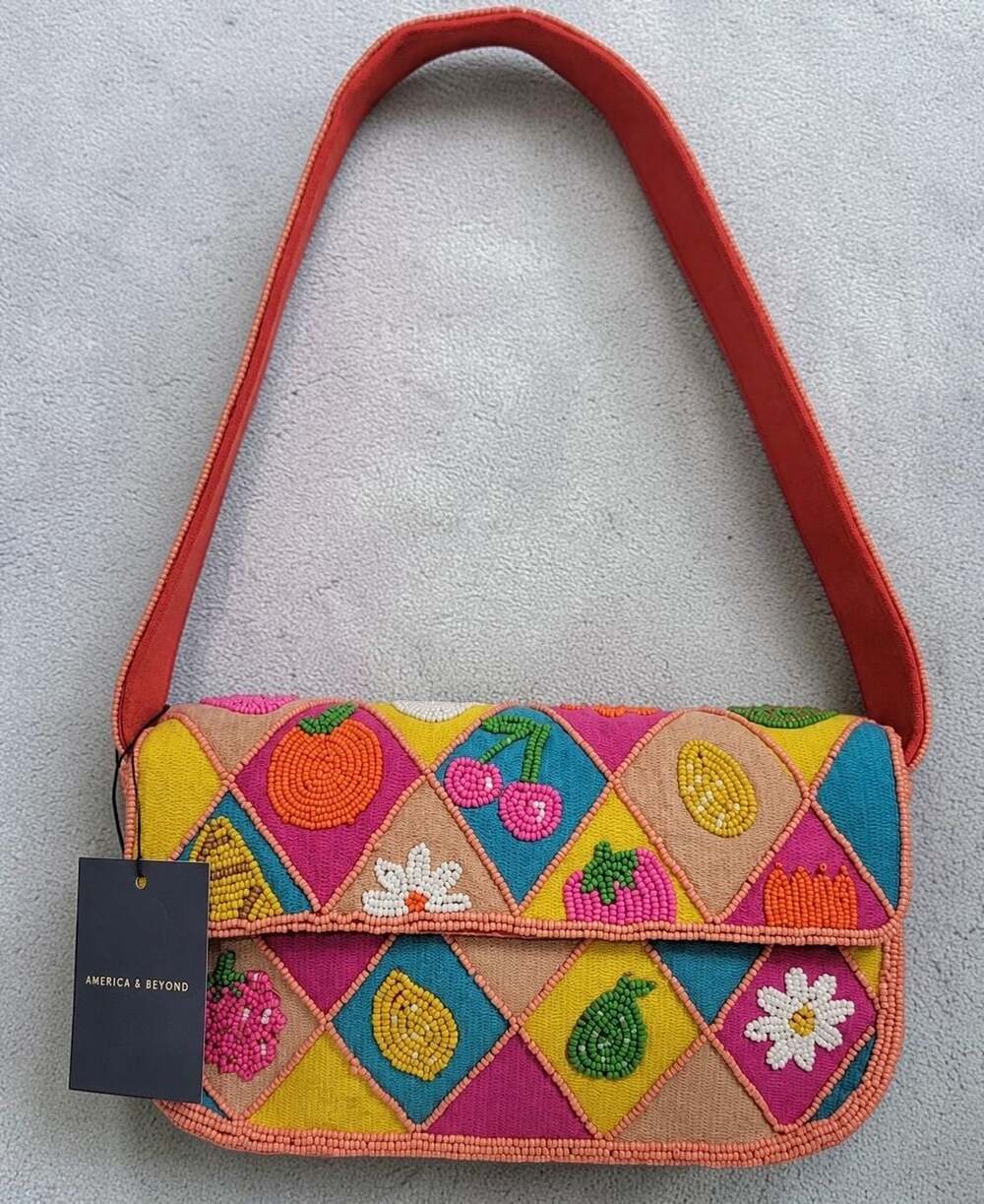 America & Beyond Beaded Fruit & Flower Summer Tropical Embellished Shoulder Bag